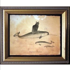 Black Cat Riding Narwhal Wall Art Tea Stained